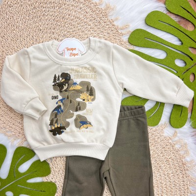 Conj. Casaco Jurassic Traveller e Calça de Moletom - Creme e Verde Musgo